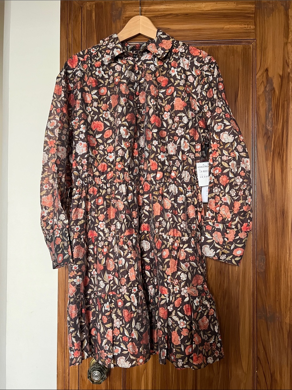 1. State Brown Floral Button-Down Shirt Dress with Coral and Cream Flowers